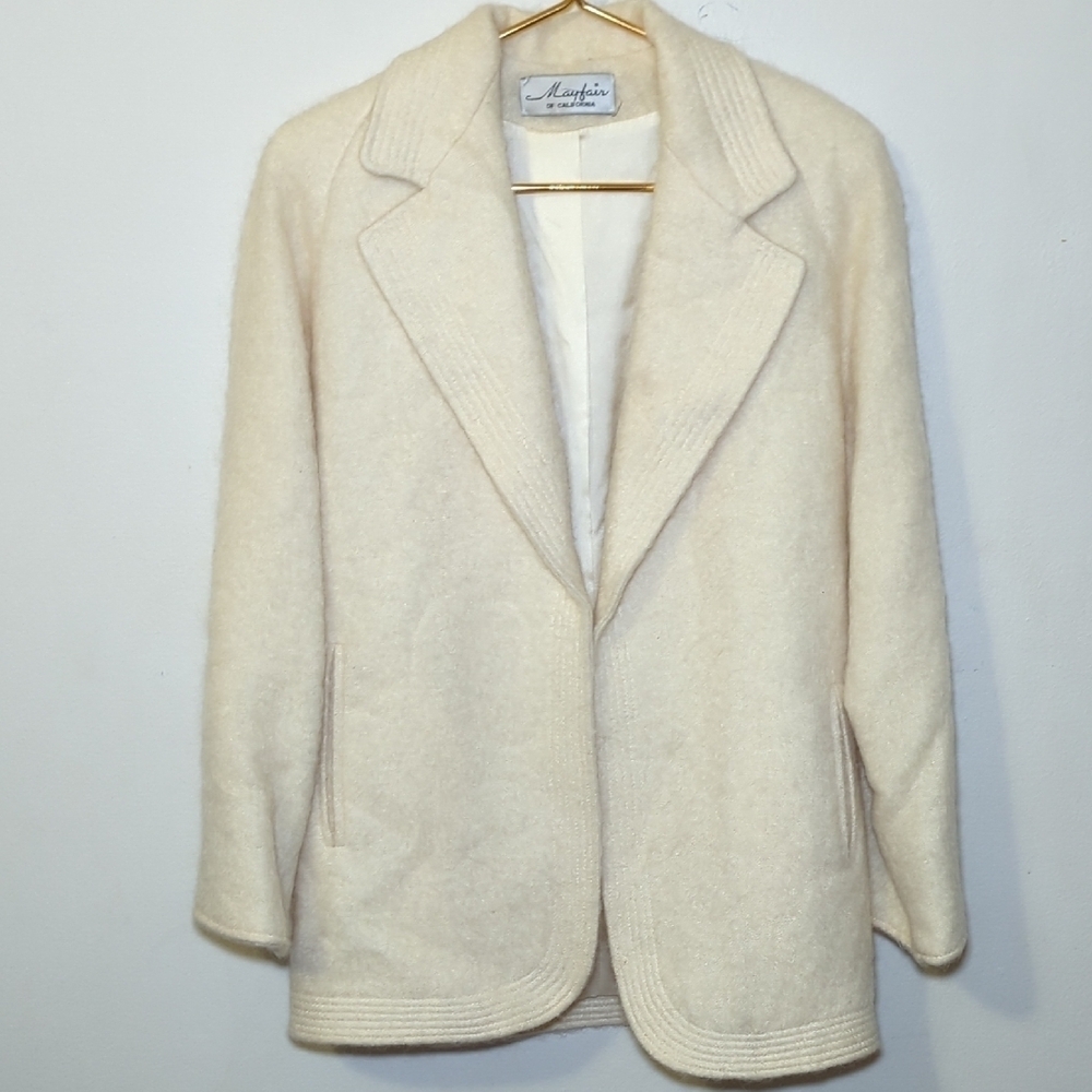 Vintage Mayfair of California Mohair-Wool Cream Open-Front Blazer Women Size L*